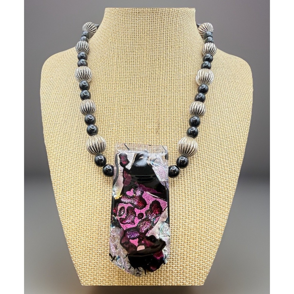 Dichroic Art Glass Pendant Necklace Black Beads Silver Ribbed Statement 19"